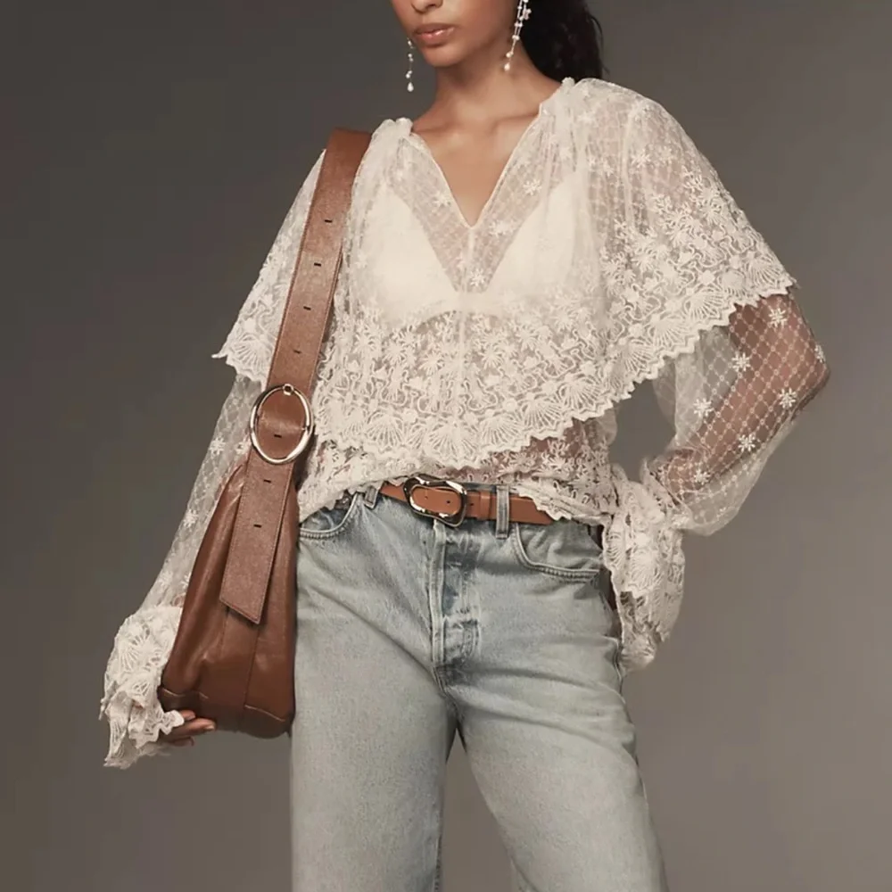Anthropologie Forever That Girl Long-Sleeve Lace-Bib Blouse